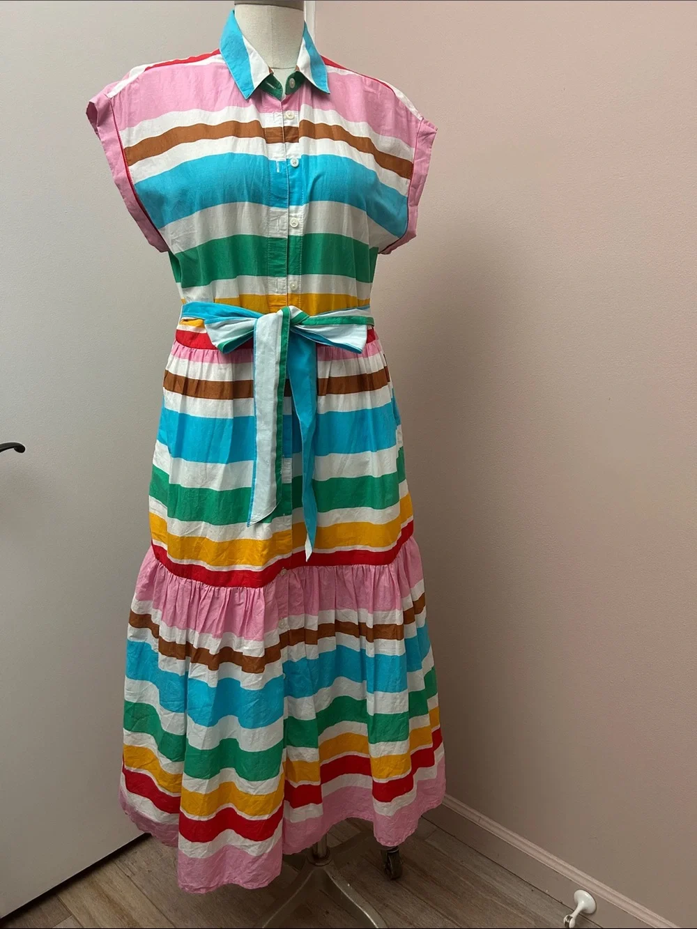 Cotton Colorful Striped Button-Up Tie-Waist Maxi Dress size 8